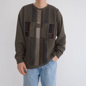 Vintage Tosani Taupe Wool Blend 3D Textured Colourblock Biggie Knit Sweater XL